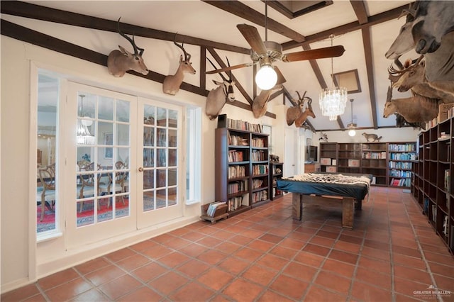 game room with vaulted ceiling with beams, ceiling fan, and dark tile patterned floors