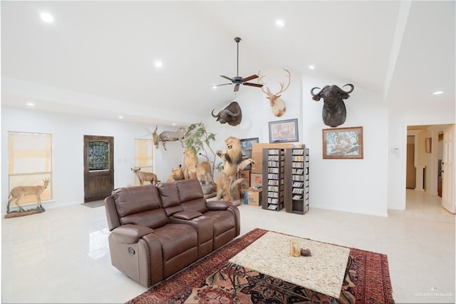 tiled living room featuring baseboards, high vaulted ceiling, a ceiling fan, and recessed lighting