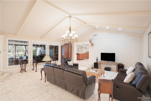 living area featuring vaulted ceiling with beams, visible vents, a chandelier, and a decorative wall