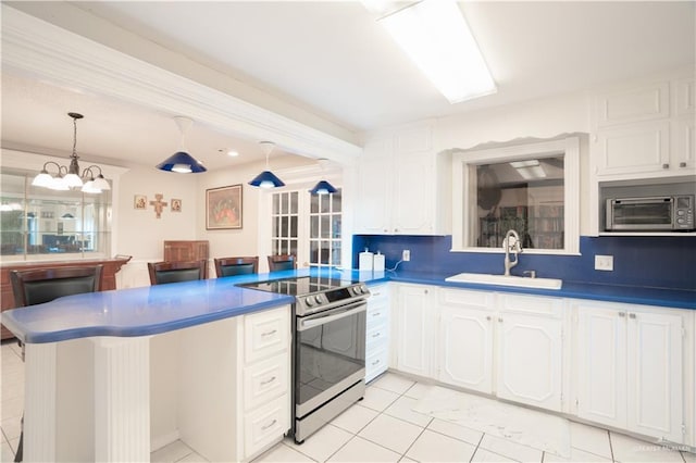 kitchen with decorative backsplash, white cabinetry, a sink, stainless steel range with electric stovetop, and a peninsula