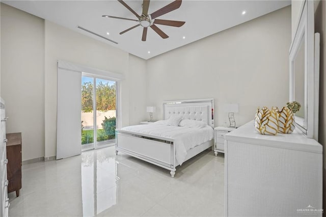 bedroom with access to outside, ceiling fan, and light tile patterned floors