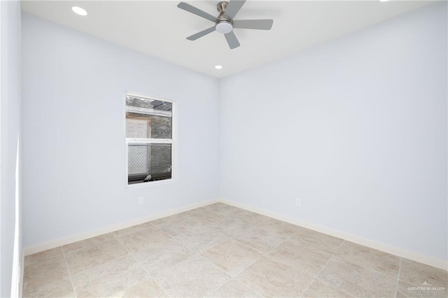 spare room featuring recessed lighting, a ceiling fan, and baseboards