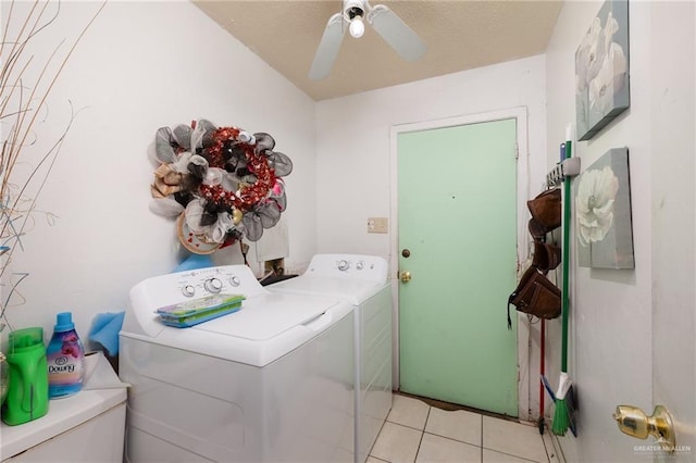 laundry room with laundry area, separate washer and dryer, light tile patterned flooring, and a ceiling fan