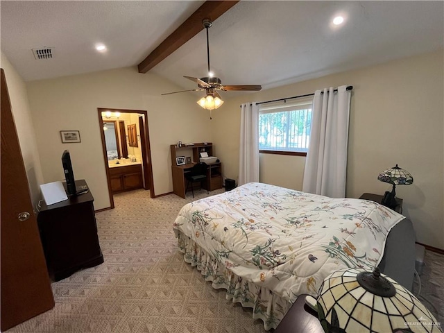 bedroom featuring baseboards, visible vents, a ceiling fan, light colored carpet, and vaulted ceiling with beams