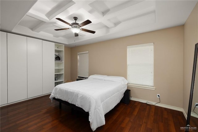 1200 E Pineridge Ave Unit 1, Mcallen, TX 78503 - bedroom featuring coffered ceiling, baseboards, dark wood finished floors, beamed ceiling, and a ceiling fan