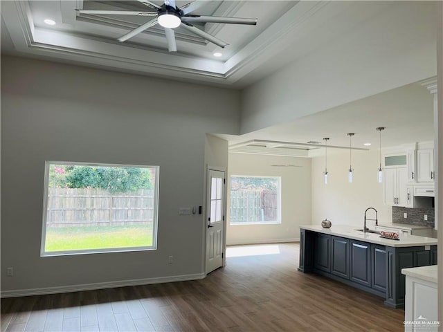 kitchen featuring dark hardwood / wood-style floors, a raised ceiling, hanging light fixtures, plenty of natural light, and white cabinets