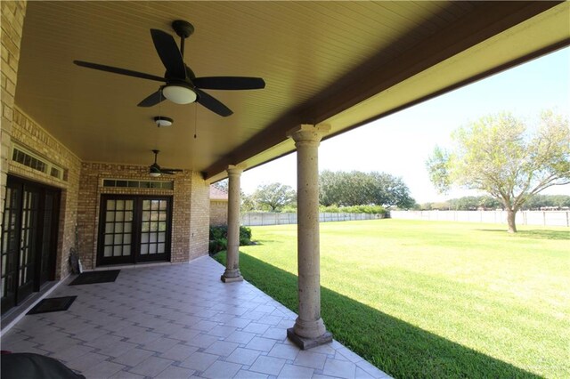 view of patio / terrace with french doors and ceiling fan