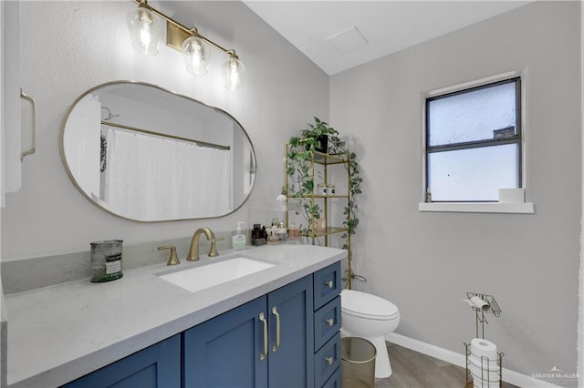 bathroom featuring vanity, toilet, and wood-type flooring