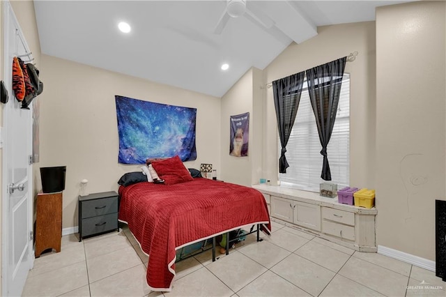 tiled bedroom with ceiling fan and vaulted ceiling with beams