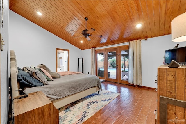 bedroom featuring access to exterior, wood ceiling, lofted ceiling, and hardwood / wood-style flooring