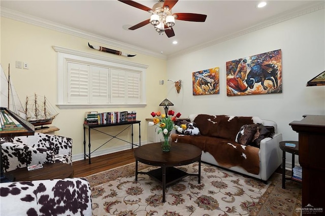 16408 Garrett Rd, Harlingen, TX 78552 - living room featuring ceiling fan, wood finished floors, recessed lighting, and ornamental molding