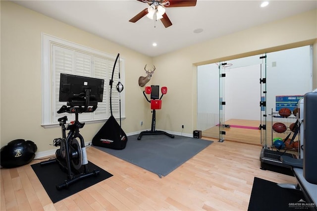 16408 Garrett Rd, Harlingen, TX 78552 - exercise room featuring ceiling fan, wood finished floors, and recessed lighting