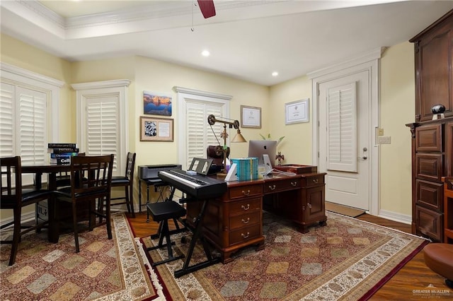 16408 Garrett Rd, Harlingen, TX 78552 - home office with dark wood finished floors, a ceiling fan, recessed lighting, and crown molding
