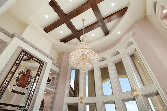 16408 Garrett Rd, Harlingen, TX 78552 - detailed view of coffered ceiling, beam ceiling, recessed lighting, and a chandelier