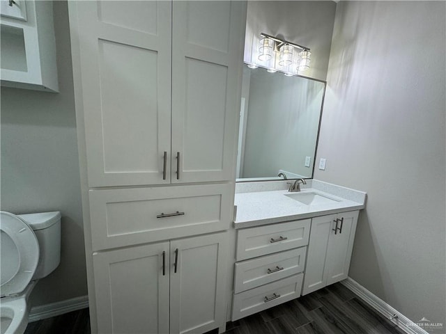 bathroom with vanity, wood-type flooring, and toilet