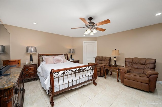 bedroom featuring ceiling fan and light tile patterned floors