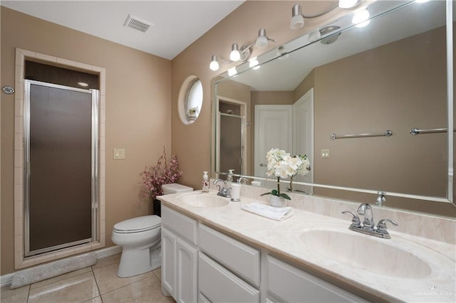 bathroom with tile patterned flooring, vanity, toilet, and a shower with door