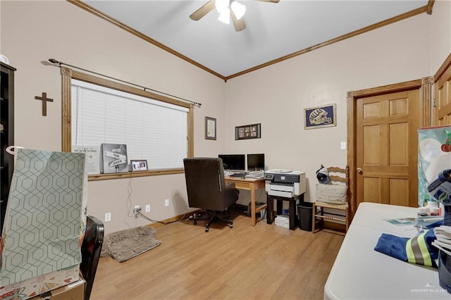2724 Wildwood Dr, Weslaco, TX 78596 - office featuring ornamental molding, a ceiling fan, and light wood-type flooring