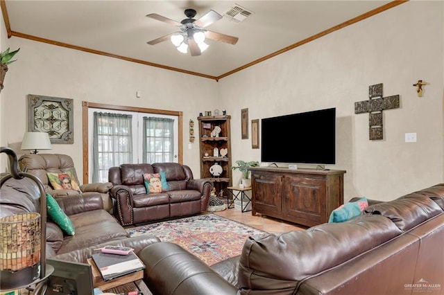 2724 Wildwood Dr, Weslaco, TX 78596 - tiled living area featuring a ceiling fan and crown molding
