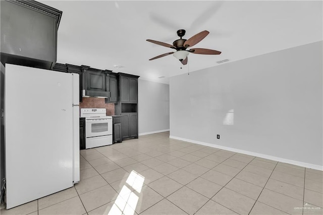 kitchen with ceiling fan, light tile patterned floors, and white appliances