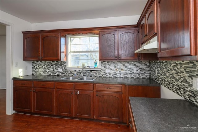 kitchen with dark countertops, under cabinet range hood, dark wood-type flooring, and a sink