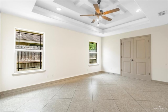 1704 Yellow Stone St, Edinburg, TX 78542 - unfurnished room featuring a tray ceiling, ceiling fan, light tile patterned floors, recessed lighting, and baseboards