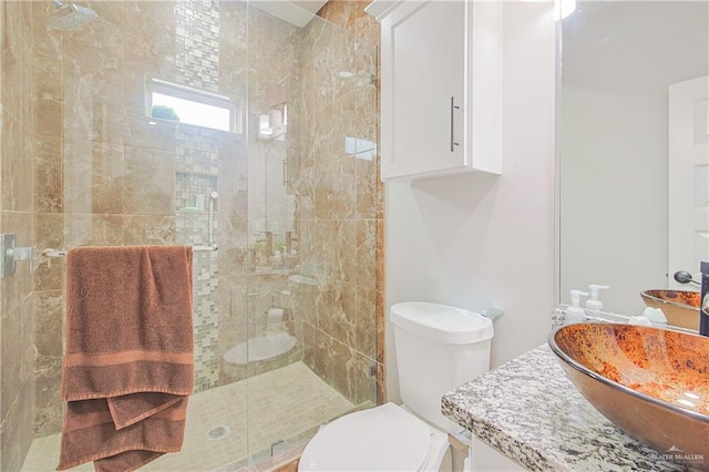 bathroom with a stall shower, vanity, and toilet