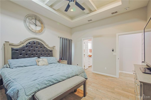 bedroom featuring light wood-style floors, baseboards, visible vents, and coffered ceiling