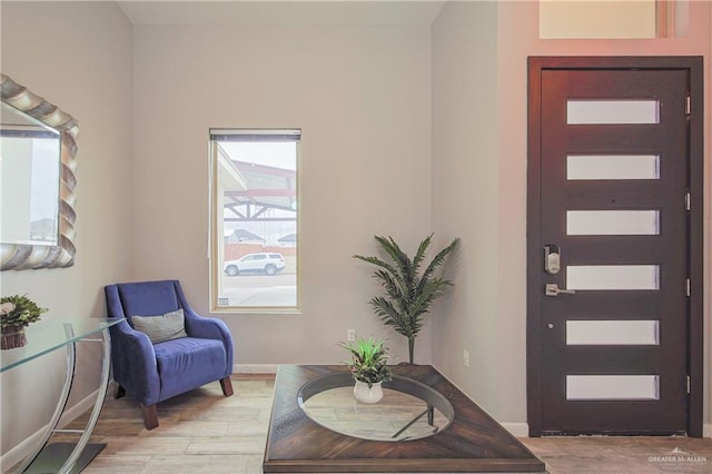 entryway featuring light wood finished floors and baseboards