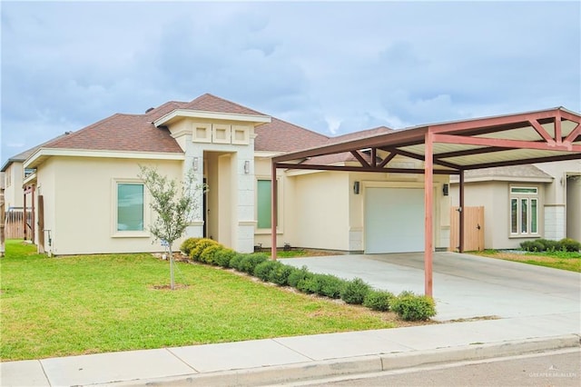 view of front facade with a garage, a shingled roof, driveway, stucco siding, and a front yard