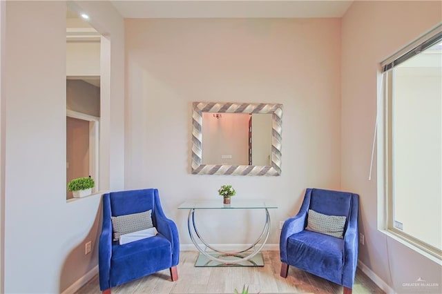 living area featuring baseboards and wood finished floors