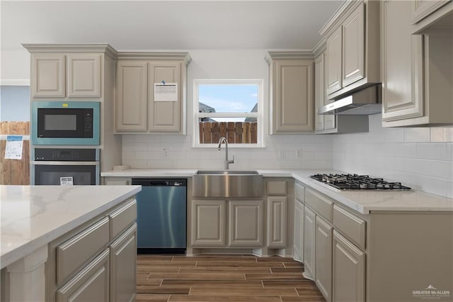 2206 Seagull Ln, Mission, TX 78572 - kitchen with under cabinet range hood, a sink, dark wood-type flooring, decorative backsplash, and appliances with stainless steel finishes