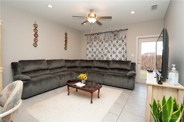 living area with recessed lighting, visible vents, ceiling fan, and light tile patterned floors