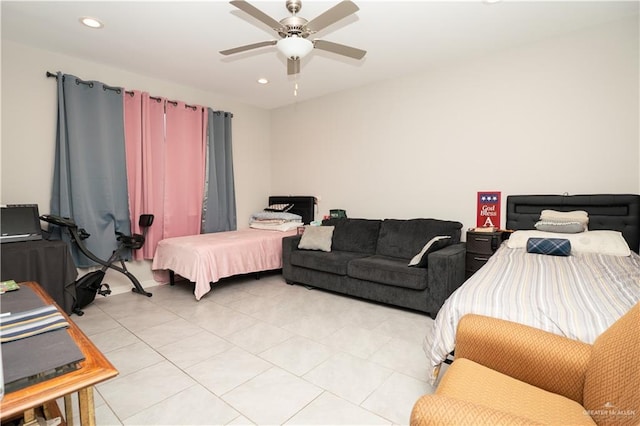 bedroom featuring light tile patterned floors, a ceiling fan, and recessed lighting