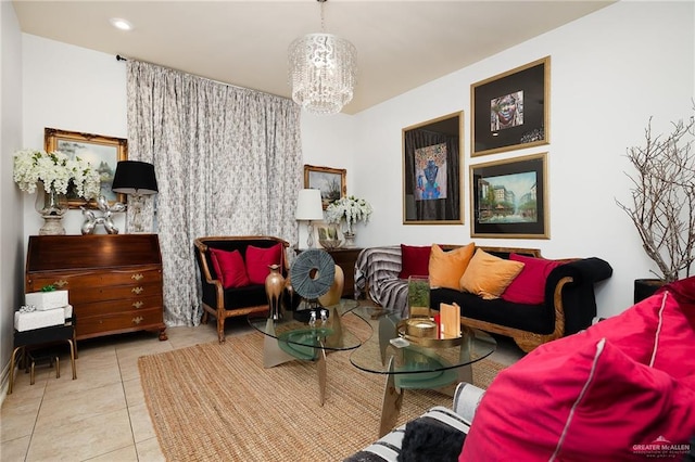 tiled living room with an inviting chandelier