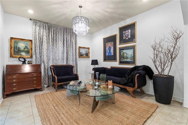 sitting room with an inviting chandelier and light tile patterned floors