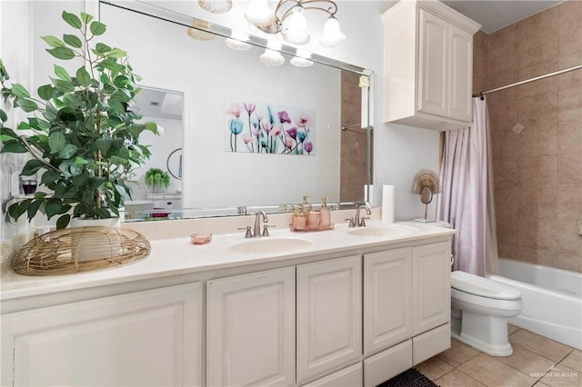 full bathroom featuring tile patterned flooring, vanity, shower / bathtub combination with curtain, and toilet