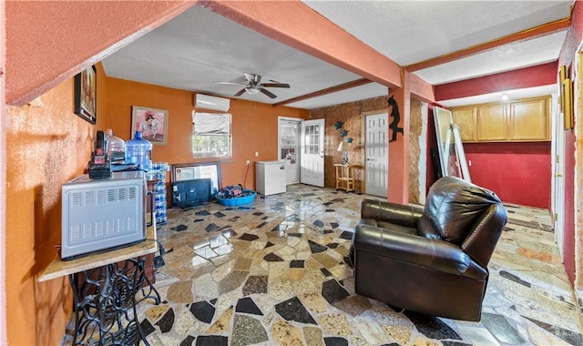 34349 Fm 732nd Hwy, San Benito, TX 78586 - living room featuring beamed ceiling, a wall mounted AC, heating unit, stone floors, and ceiling fan