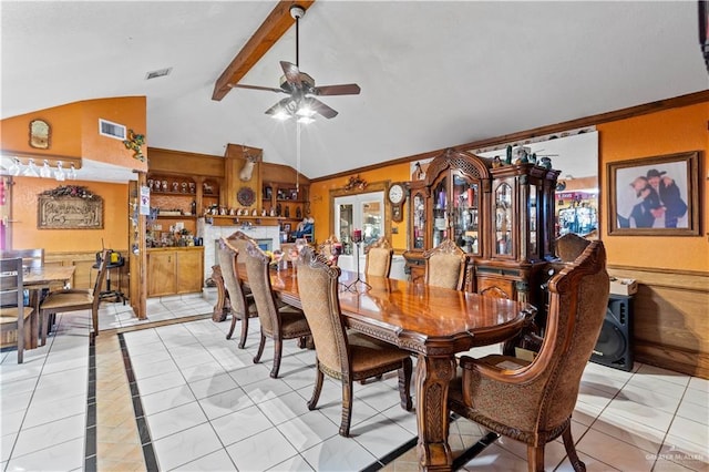 34349 Fm 732nd Hwy, San Benito, TX 78586 - dining area with light tile patterned floors, visible vents, a ceiling fan, and vaulted ceiling with beams