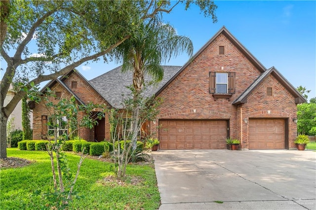 109 Palm Valley Cir, Harlingen, TX 78552 - traditional home with brick siding, a shingled roof, a garage, a front lawn, and concrete driveway
