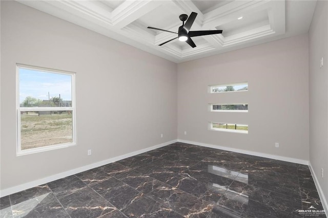 9510 N 71st Ln, Mcallen, TX 78573 - spare room with plenty of natural light, coffered ceiling, beam ceiling, a ceiling fan, and dark marble finish flooring