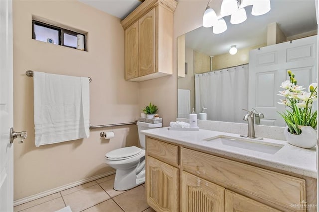 bathroom with a notable chandelier, toilet, tile patterned floors, vanity, and a shower with curtain