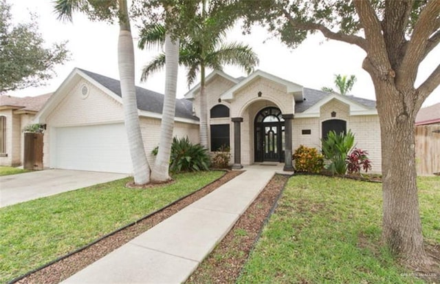 ranch-style house featuring a garage and a front lawn