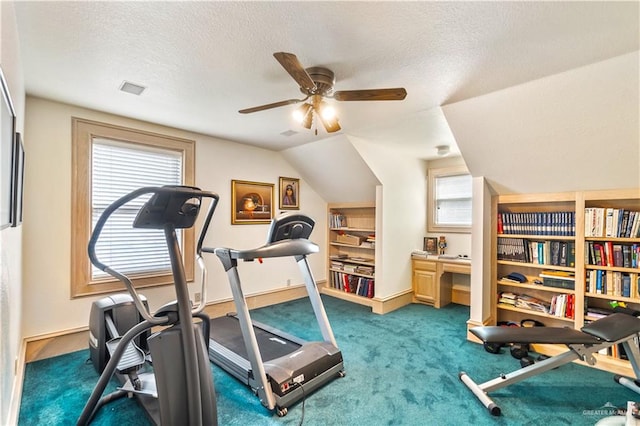 exercise area featuring carpet flooring, plenty of natural light, ceiling fan, and a textured ceiling