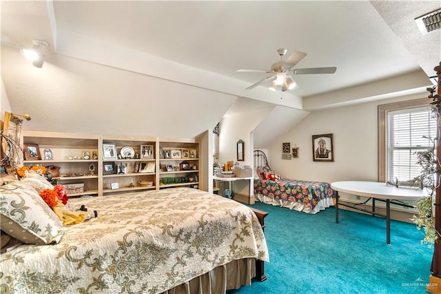 carpeted bedroom featuring ceiling fan and lofted ceiling