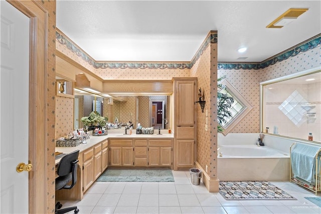 bathroom featuring separate shower and tub, tile patterned flooring, and vanity