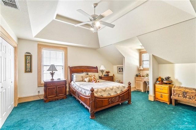 bedroom featuring carpet, a closet, and ceiling fan