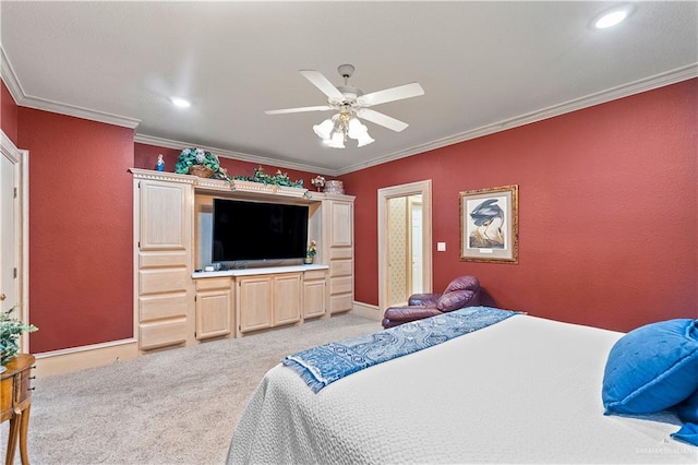 bedroom featuring light carpet, ceiling fan, and crown molding