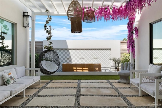balcony with a pergola, outdoor lounge area, and a patio