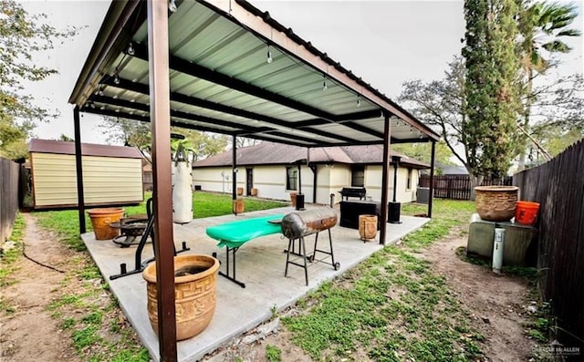 view of patio / terrace with a shed